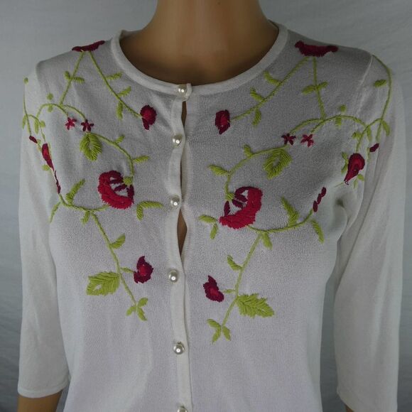 Como Petite Vintage Lightweight Button Front Cardigan Sweater Embroidered Floral - Picture 3 of 9